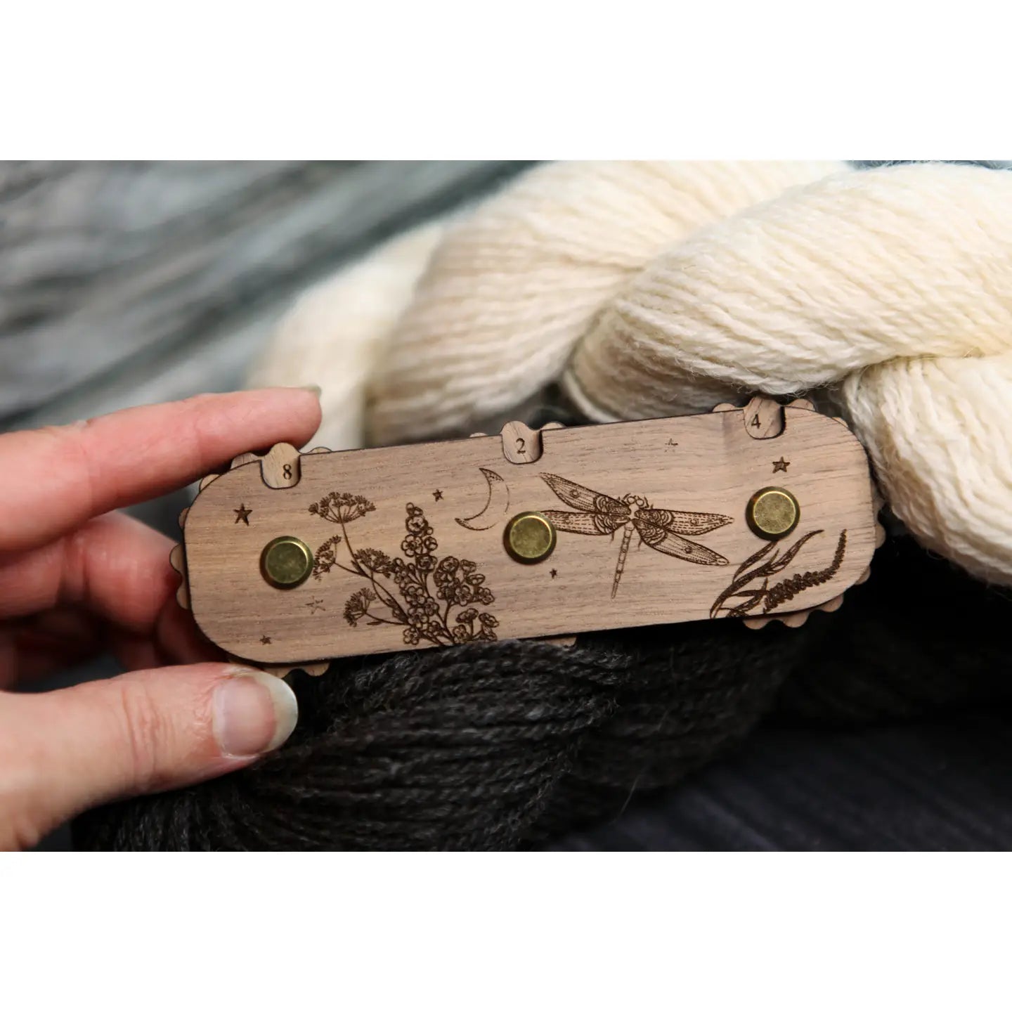 Dragonfly Moon 3-Dial Walnut Wood Knitting Row Counter
