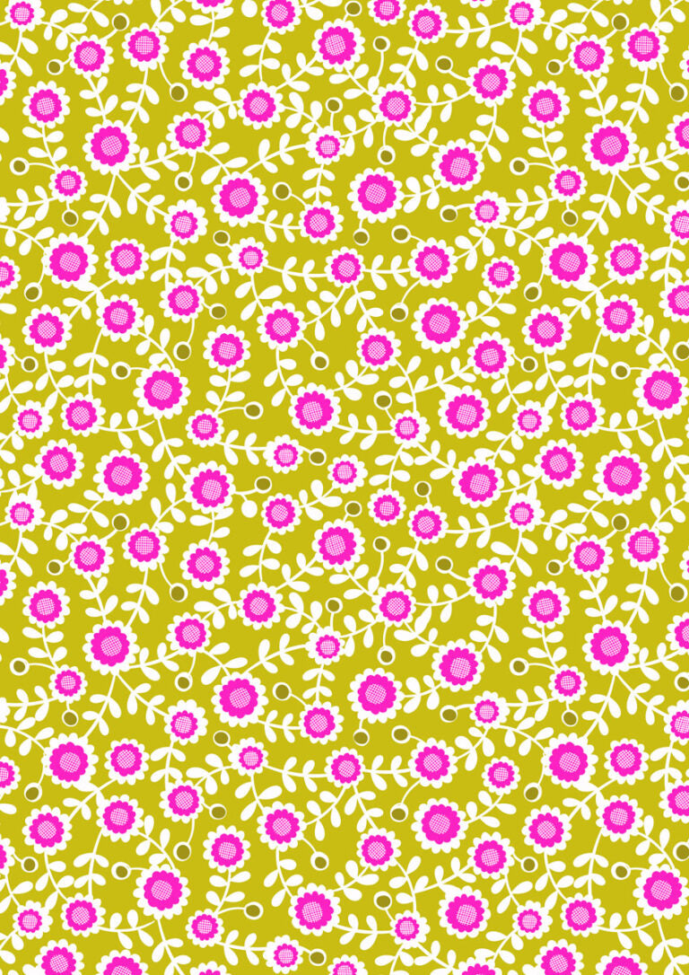 Inflorescence: Grid Flowers on Chartreuse with Pink Neon