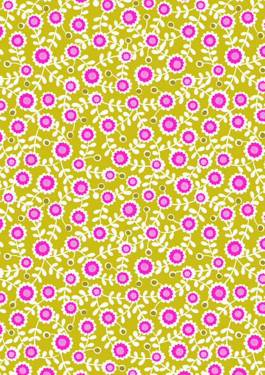 Inflorescence: Grid Flowers on Chartreuse with Pink Neon