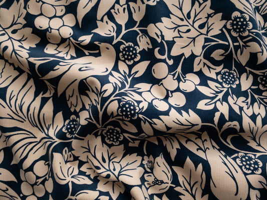 Printed Corduroy: Botanical Doves in Navy