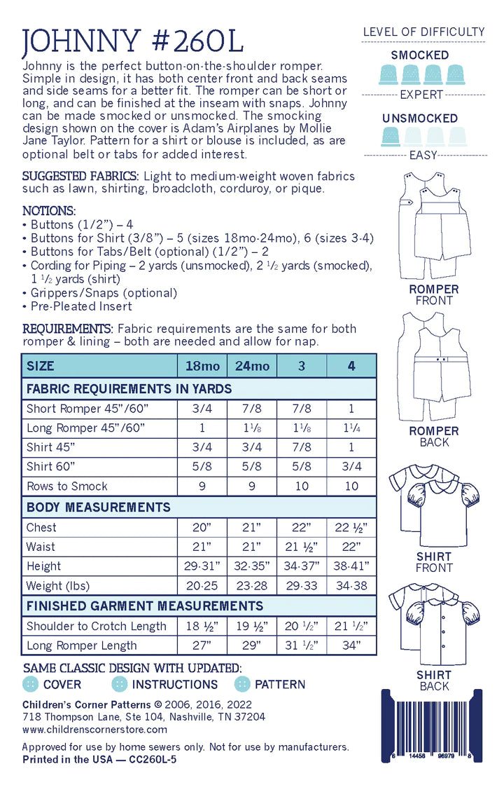Children's Corner Patterns: Johnny Romper/Jumper & Shirt