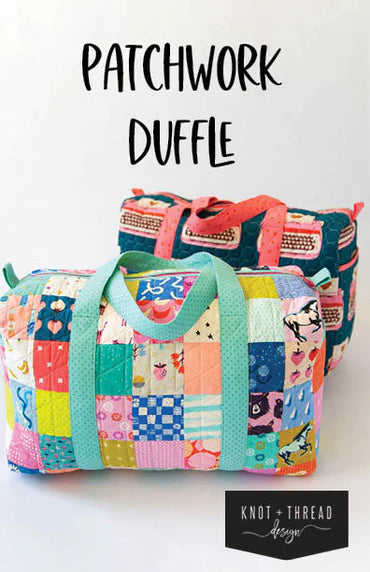 Two multicolored patchwork duffle bags with various patterns and exterior pockets, displayed on a white background.