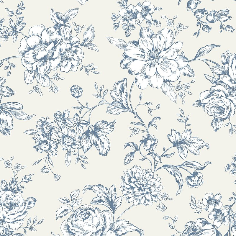 Illustrated Floral Cotton Double Gauze in White & Blue