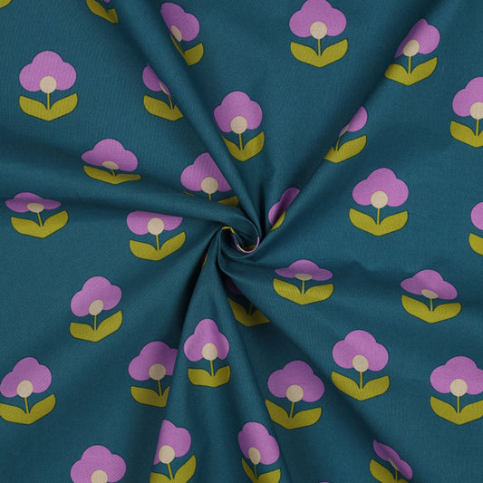 Lightweight Coated Cotton Retro Flowers in Petrol