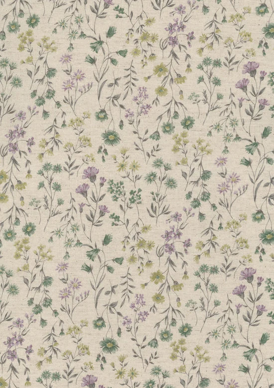 Cotton Linen Sheeting: Antique Flowers in Green