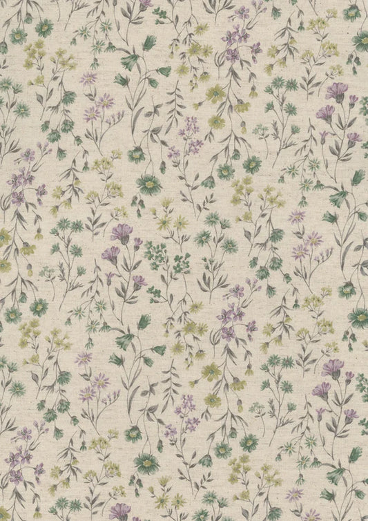 Cotton Linen Sheeting: Antique Flowers in Green