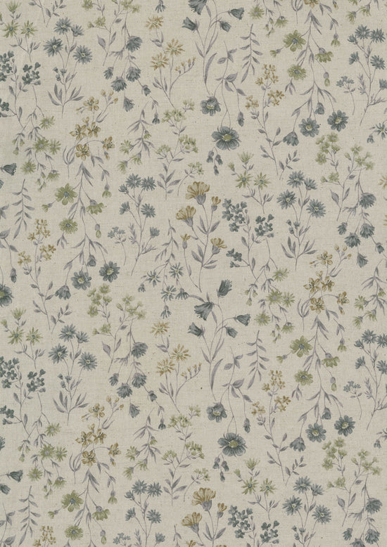 Cotton Linen Sheeting: Antique Flowers in Muted Green