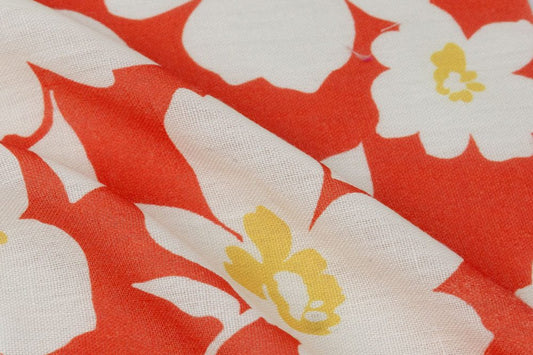 Rayon/Nylon Woven Print: Cherry Blossoms in White/Orange