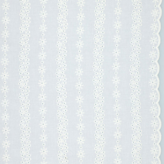 Embroidered Scallop Cotton: Floral Wallpaper Stripe in White