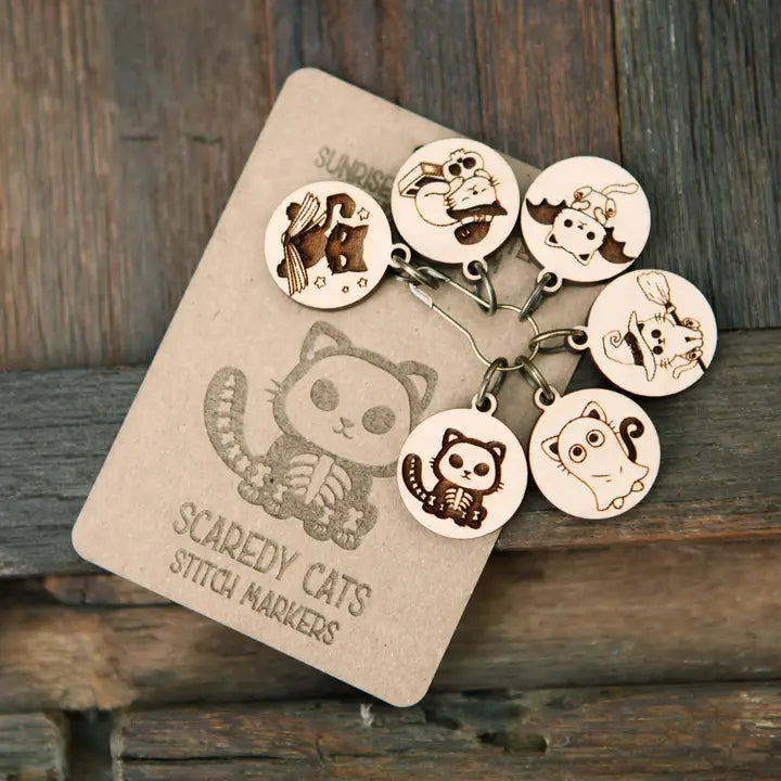 Halloween Cats Maple Wood Stitch Markers - Set of 6