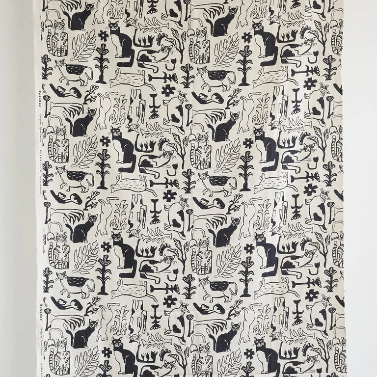 NekoNoe: Botanical Cats Cotton Linen Canvas in Black & Cream