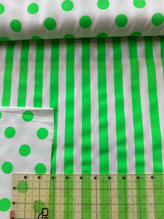 Cotton Oxford Fluorescent Dots & Stripes in Green