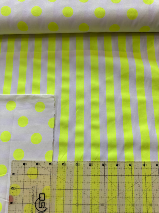 Cotton Oxford Fluorescent Dots & Stripes in Yellow