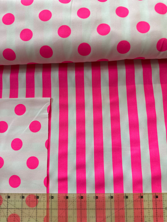 Cotton Oxford Fluorescent Dots & Stripes in Pink
