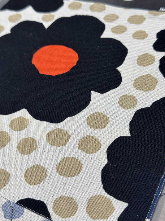 Cotton/Linen Canvas: Large Floral in Beige, Black, & Orange