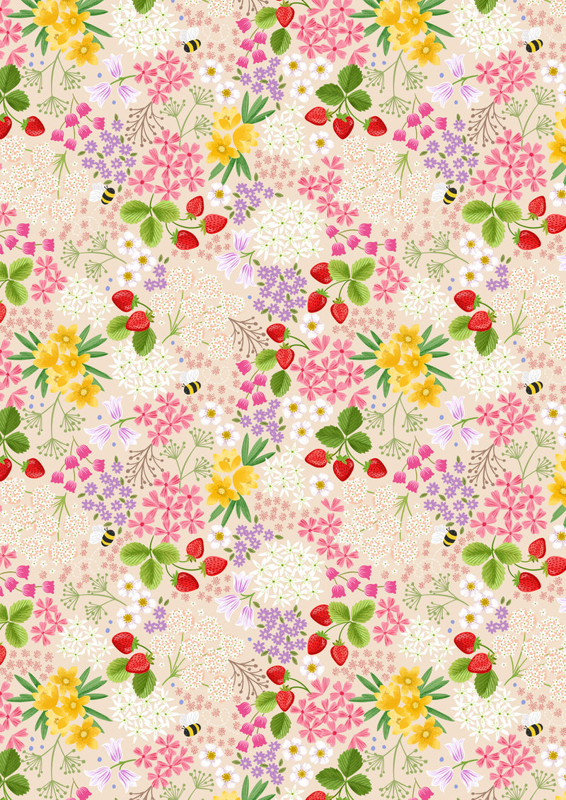 Teddy Bear's Picnic: Strawberry Bee Floral on Cream
