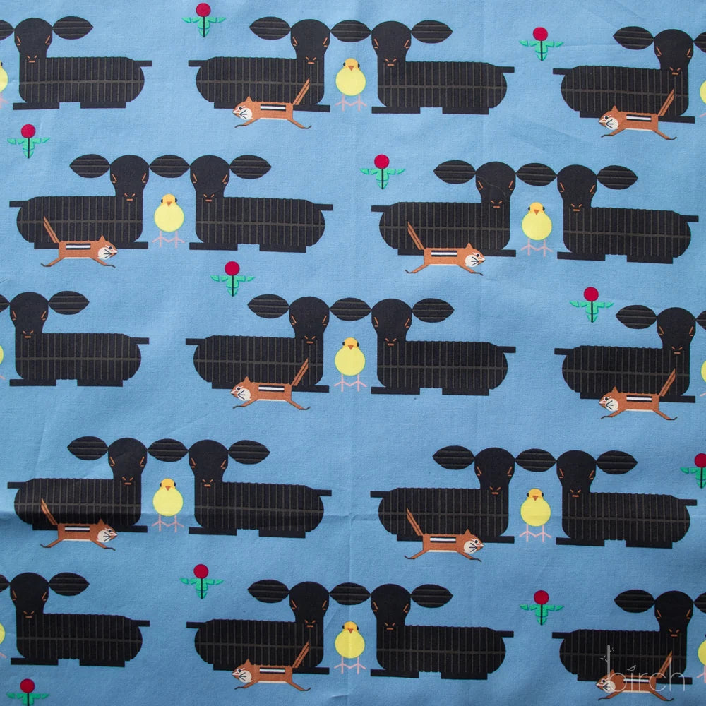 Long Branch - Charley Harper Poplin: Furry Photo Bomber in Blue