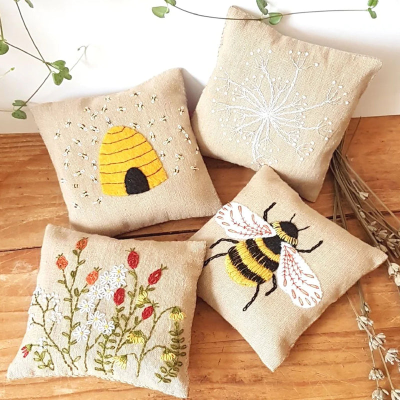 Linen Lavender Bags Embroidery Kit: Bees