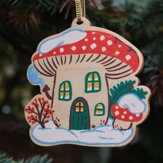 Phoebe Wahl - Winter Mushroom House Wooden Ornament