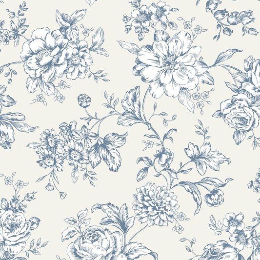 Illustrated Floral Cotton Double Gauze in White & Blue