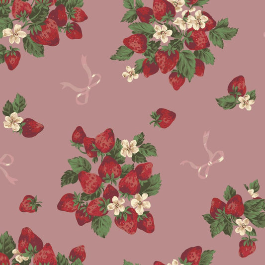 Strawberries & Ribbons Cotton Sheeting in Mauve