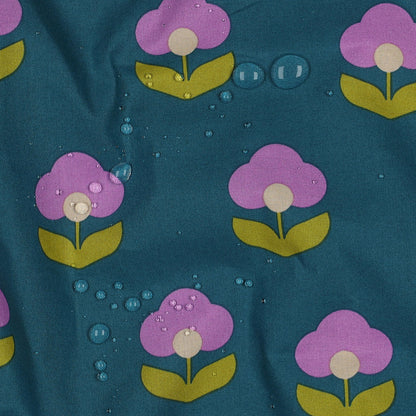 Lightweight Coated Cotton Retro Flowers in Petrol