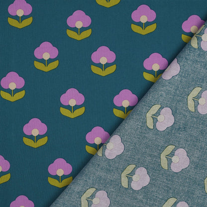 Lightweight Coated Cotton Retro Flowers in Petrol