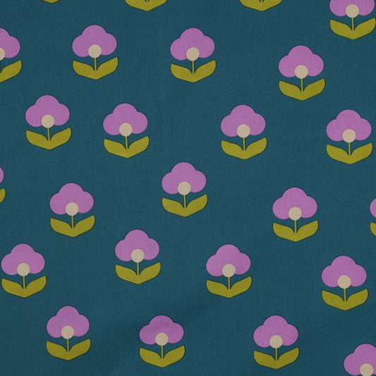 Lightweight Coated Cotton Retro Flowers in Petrol
