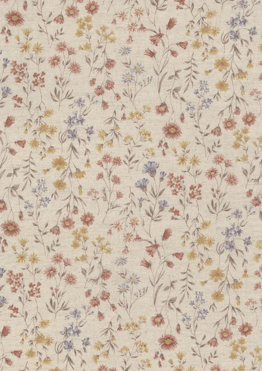 Cotton Linen Sheeting: Antique Flowers in Pink and Yellow