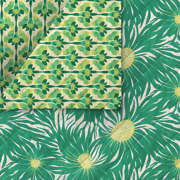 Pre-Quilted Fabric: Abstract Florals in Green