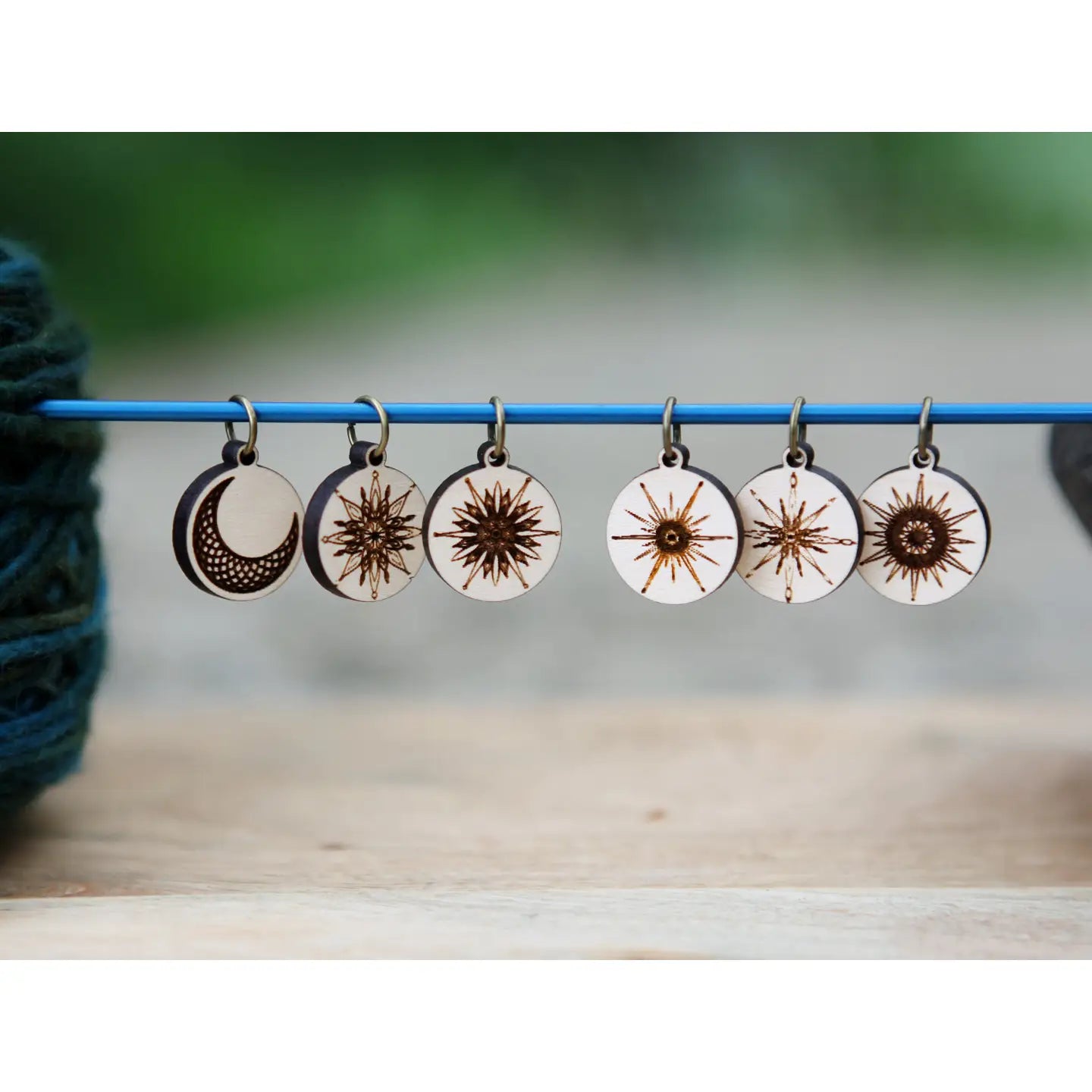 Moon and Stars Maple Wood Stitch Markers - Set of 6