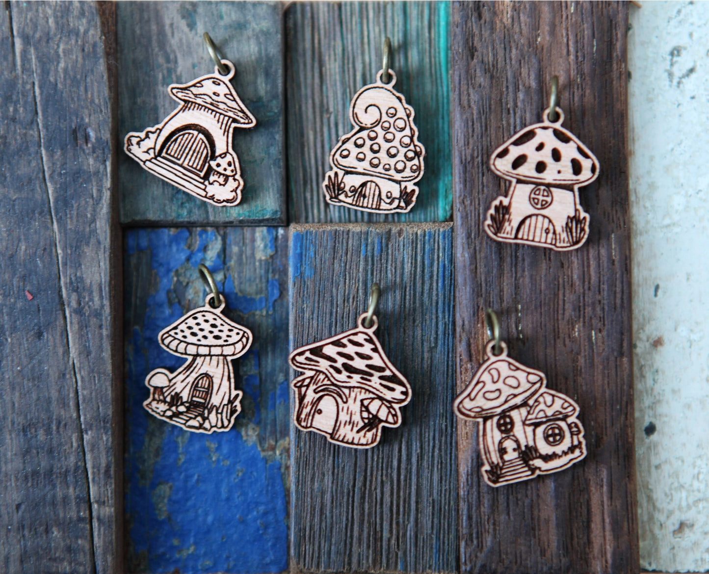 Cherry Wood Mushroom Houses - Set of 6