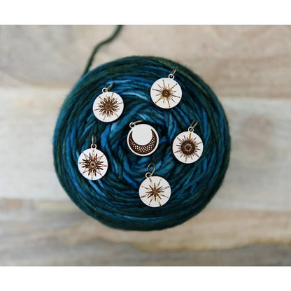 Moon and Stars Maple Wood Stitch Markers - Set of 6