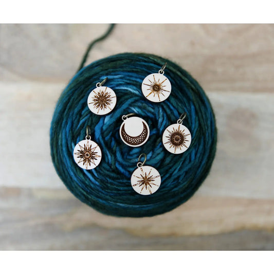 Moon and Stars Maple Wood Stitch Markers - Set of 6