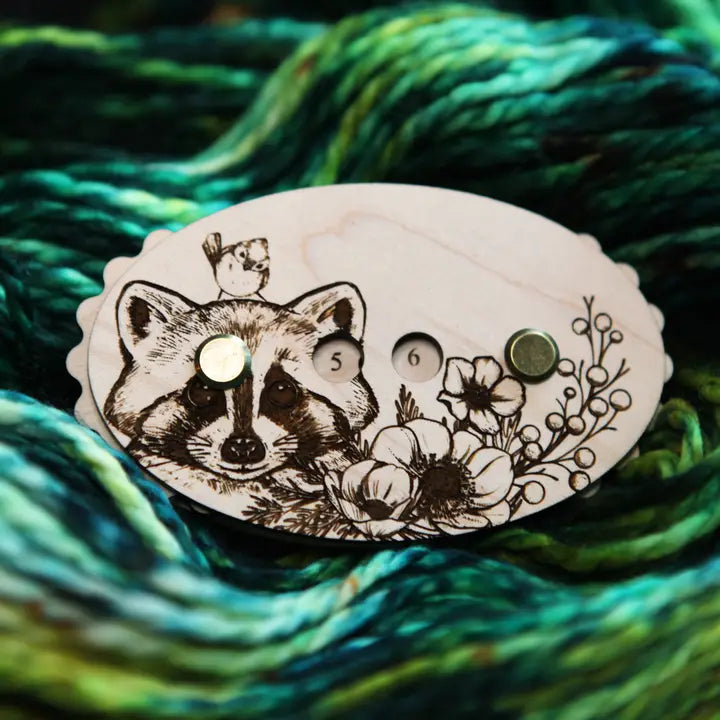 Raccoon with Bird in Forest Cherry Wood Knitting & Crochet Counter