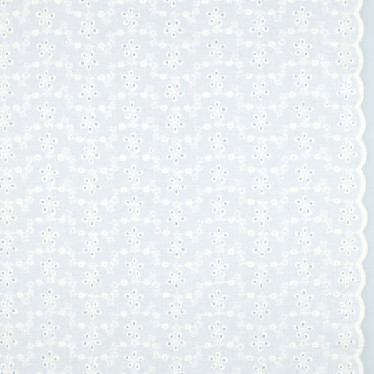 Embroidered Scallop Cotton: Floral Wave in White