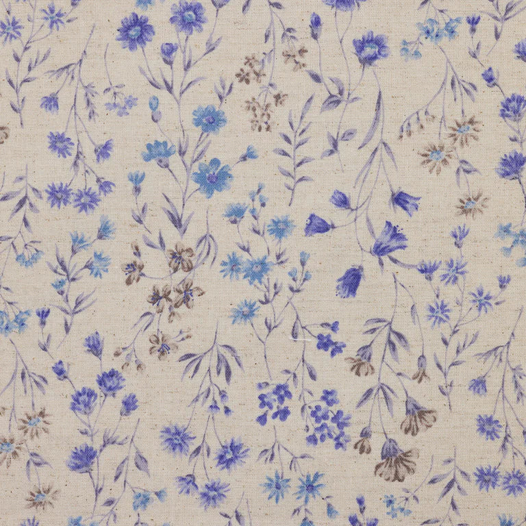 Cotton Linen Sheeting: Antique Flowers in Blue