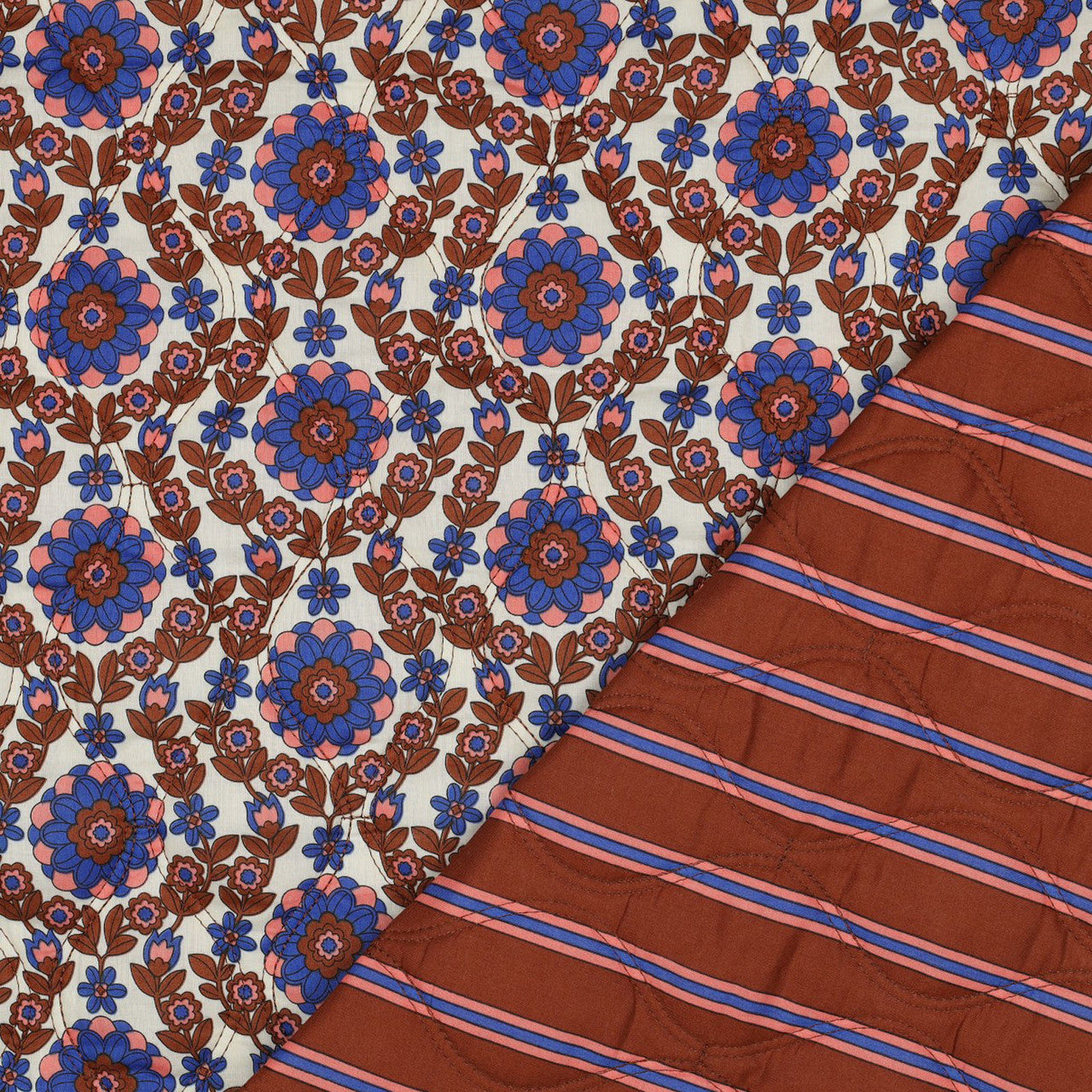 Quilted Cotton Voile Floral Print in Caramel & Cobalt