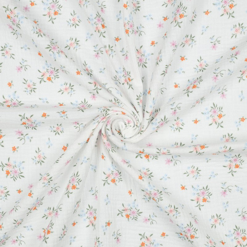 Cotton Double Gauze: Flowers on White