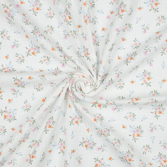 Cotton Double Gauze: Flowers on White