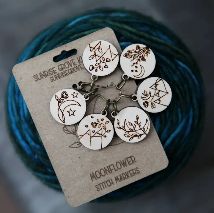 Moonflower & Stars Maple Stitch Markers - Set of 6