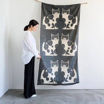 Echino Nekonoe: 2 Cats Cotton Linen Canvas in Charcoal Grey