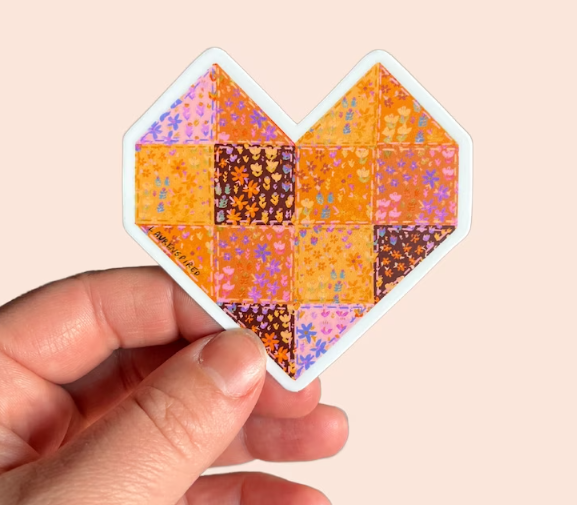 Orange Quilt Heart Vinyl Sticker