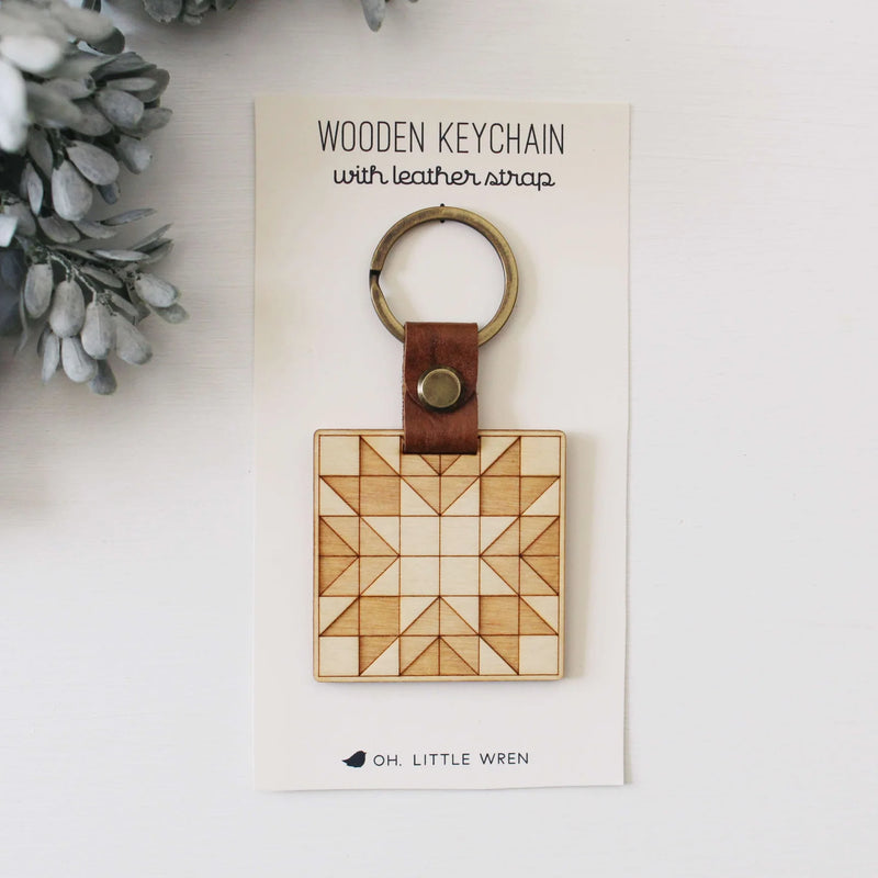 Wooden Keychain with Leather Strap: Quilt Block