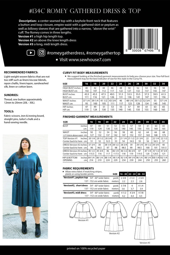 Sew House Seven- Romey Gathered Dress and Top - Standard and Curvy Sizes