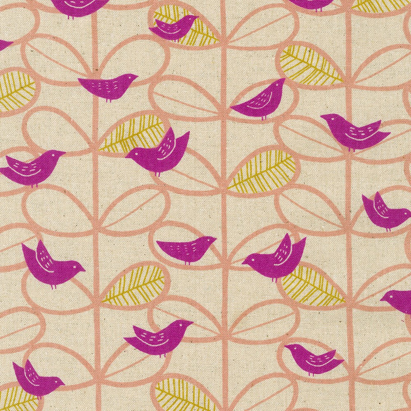 Sevenberry Cotton Flax: Birds in Pink
