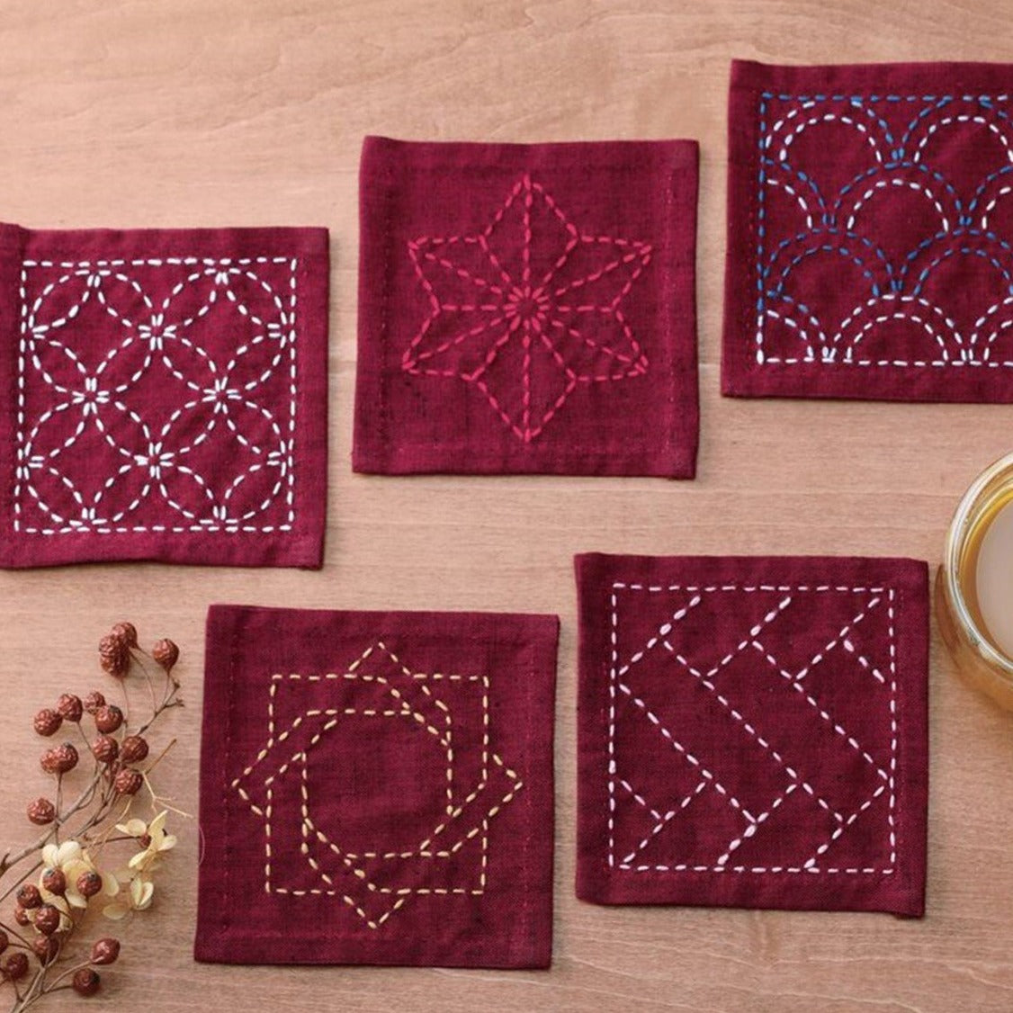 Sashiko Tsumugi Sampler Coasters in Deep Red